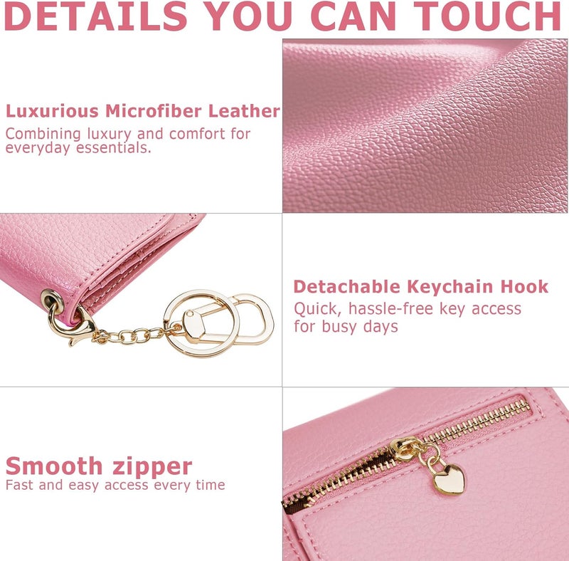 Sunpour Women Small Wallet RFID Blocking Slim Wallet with Coin Pocket Tri-Fold Credit Card Holder with ID Window and Keychain(Pink) - Image 5